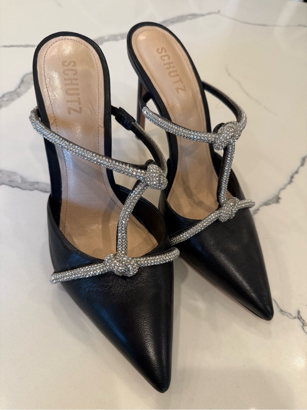 SCHUTZ 8 Black Pointed-Toe Crystal Knot Strap Heels
